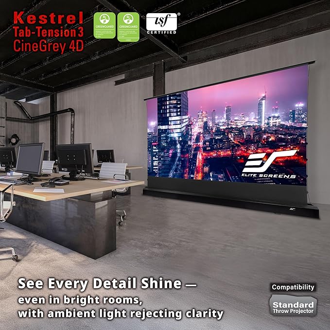 Elite Screens Kestrel Tab-Tension Pro CineGrey 4D, 135" Diag., 16:9 Aspect Ratio, ISF Certified 4K/8K Ultra HD Electric Floor-Rising Motorized Tab-Tensioned Front Projector Screen, FTE135H3-C4D