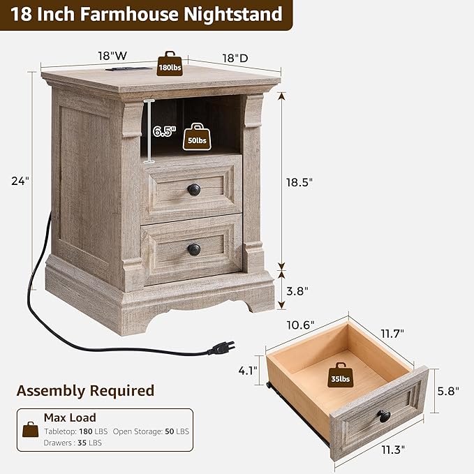 T4TREAM Farmhouse Nightstand Set of 2, 18" Side Table with Charging Station, Wood End Table w/Roman Column, Bedside Cabinet for Bedroom, Living Room, Light Rustic Oak