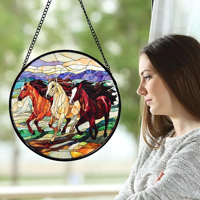 DASTOLL Stained Glass Window Hanging, Colorful Landscape Running Horse Suncatcher for Doors Window Home Sun Catchers Decoration Mother's Day Birthday Gifts for Women, Men, and Mom 6.3x6.3 in