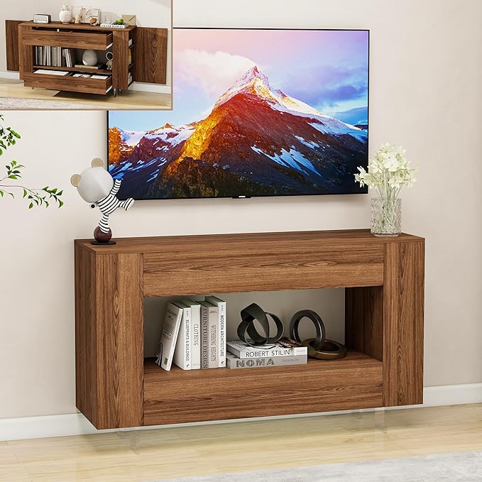 Vavkorkula TV Stand for 55 Inch with 2 Large Drawers & Hidden Storage Cabinets, Modern Farmhouse Entertainment Center Television Stands for Living Room Bedroom, Walnut