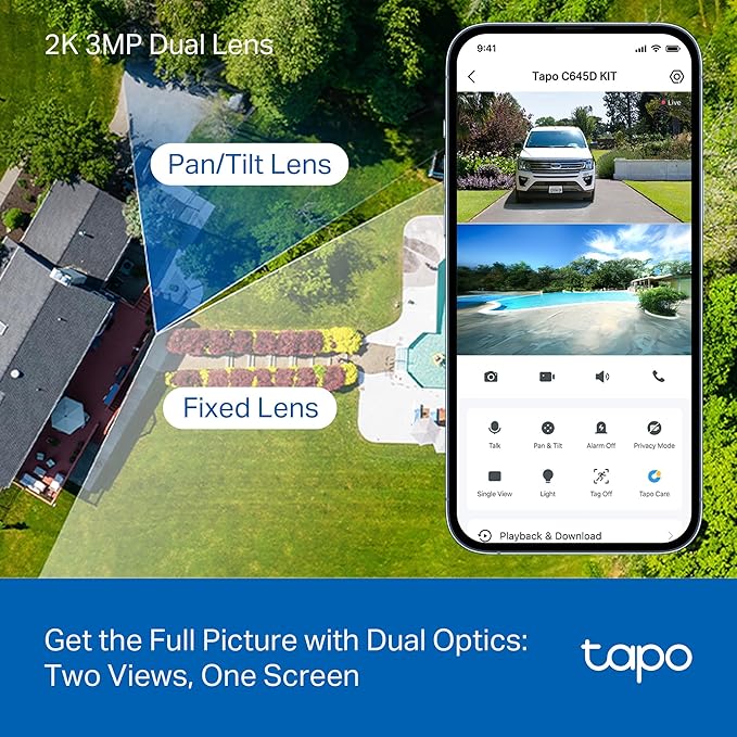 Tapo 2K Dual Lens Pan/Tilt Security Battery Camera Wireless w/Solar Panel, 165° Wide-Angle + 6mm Telephoto, Free Person/Vehicle Detection, 360° Pan, SD/Cloud Storage, Works w/Alexa & Google, C645D KIT