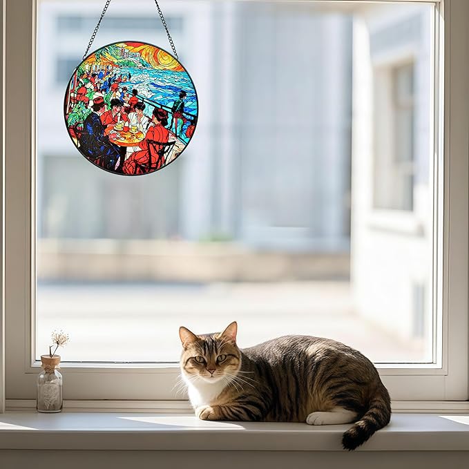 Stained Glass Window Hanging, Stunning 8''/20CM Suncatchers for Windows with Fade Resistant Hand-Painted Decorative Hanging Ornaments Captures Sunlight to Create a Vibrant Atmosphere (Beach Cafe)