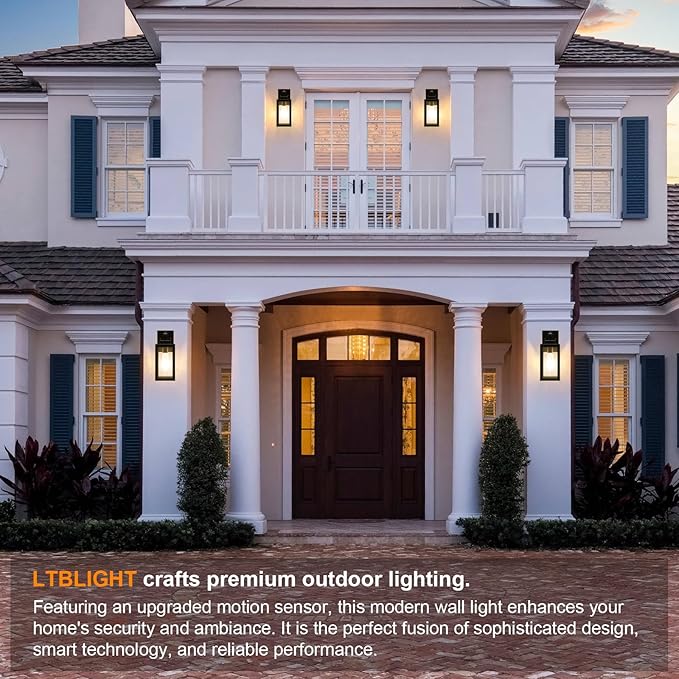 LTBLIGHT 2-Pack Motion Sensor Outdoor Porch Lights, Vintage Black-Gold Dusk to Dawn Exterior Lighting Fixtures, Waterproof Wall Sconces with 3 Modes for House, Yard, Garage, Garden