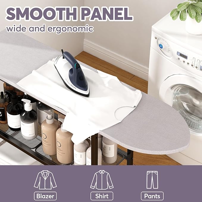 GILLAS Ironing Board with 2 Tier Storage Basket, Movable Ironing Board Full Size for Iron Rest & Clothes, Tabletop Ironing Boards, Ironing Stand Iron Boards Ironing Table Rustic