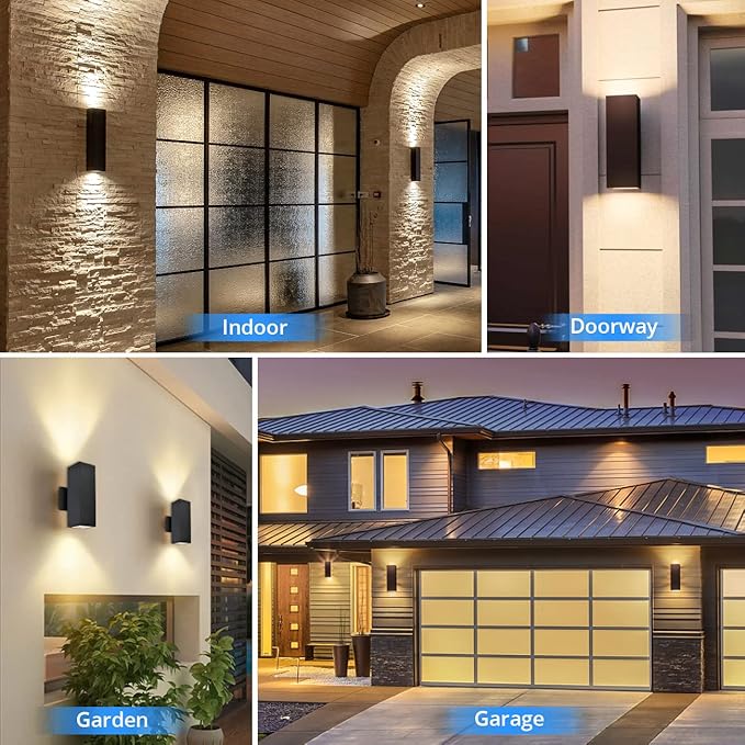 wowlite Outdoor Wall Light with Dusk to Dawn Sensor, 2700K Warm Light LED Up Down Sconce, Waterproof 13" Modern Square Matte Black Exterior Light Fixture Wall Mount for Porch Patio Garage, ETL Listed