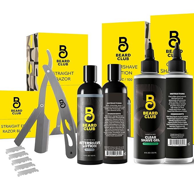Beard Club Straight Razor for Men, Shaving Gel & Aftershave for Men – Hydrating Mens Shave Cream, Soothing After Shave Lotion & Navajas Para Barbero - Barber Straight Edge Razor Kit - Gift Kit