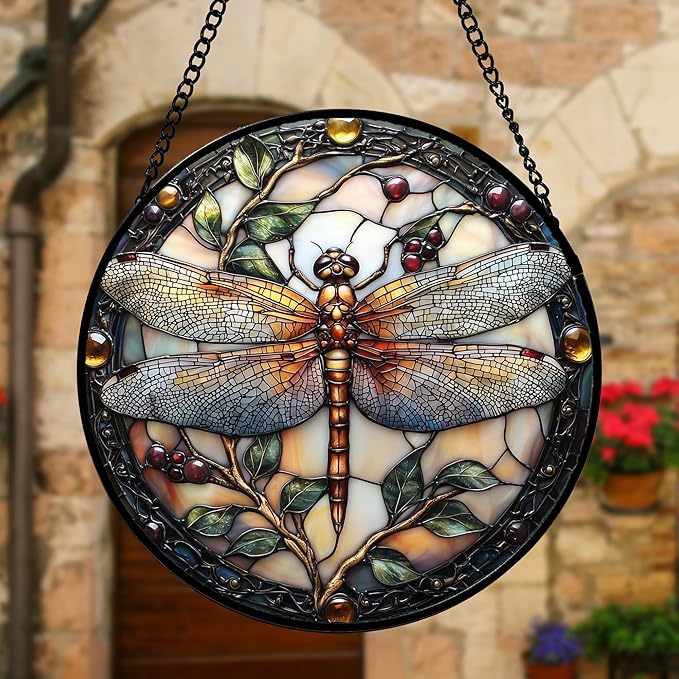 DASTOLL Stained Glass Window Hanging - Dragonfly Plant Suncatcher Ready to Hang Window Doors Home Decoration, Christmas, Mother's Day Birthday Gifts for Women, Men, and Mom 9.8x9.8 in