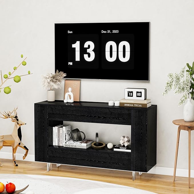 Vavkorkula TV Stand for 55 Inch with 2 Large Drawers & Hidden Storage Cabinets, Modern Farmhouse Entertainment Center Television Stands for Living Room Bedroom, Black