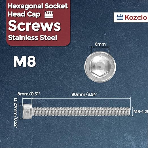 Kozelo 10pcs Socket Head Cap Screws - [M8-1.25 x 90mm] 304 Stainless Steel Allen Socket Drive for Electrical Motor 3D Printing Fan Engine Replacement Use, Silver