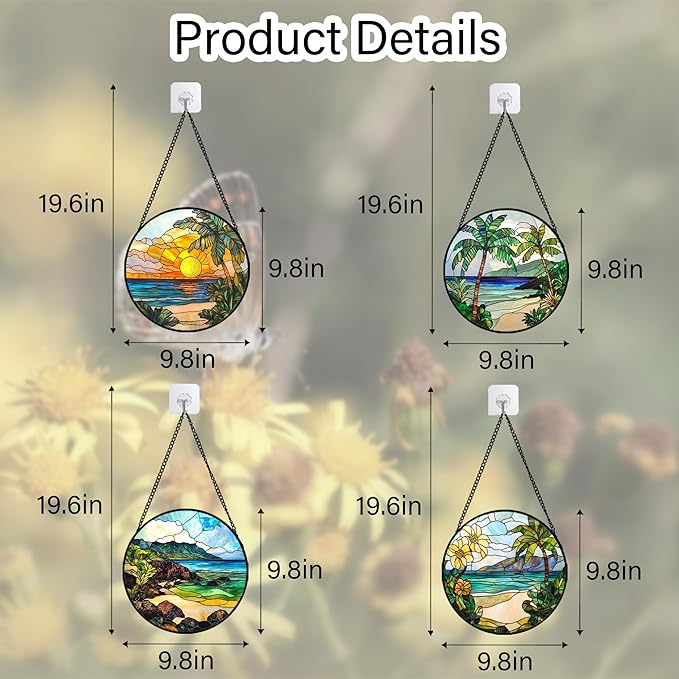 DASTOLL Stained Glass Window Hanging 4 Pcs Set Blue Ocean Coconut Tree Scenery 9.8" - Suncatcher Door Garden Sun Catcher Decor Birthday Christmas for Mom Woman Nana Men