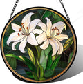CRISGIF Stained Glass Window Hanging, White Lily Suncatcher for Door Garden Patio Birth Flower Green Plant Sun Catchers Decor Christmas Mother's Day Birthday Gifts for Women Mom Nana Friend 15 in