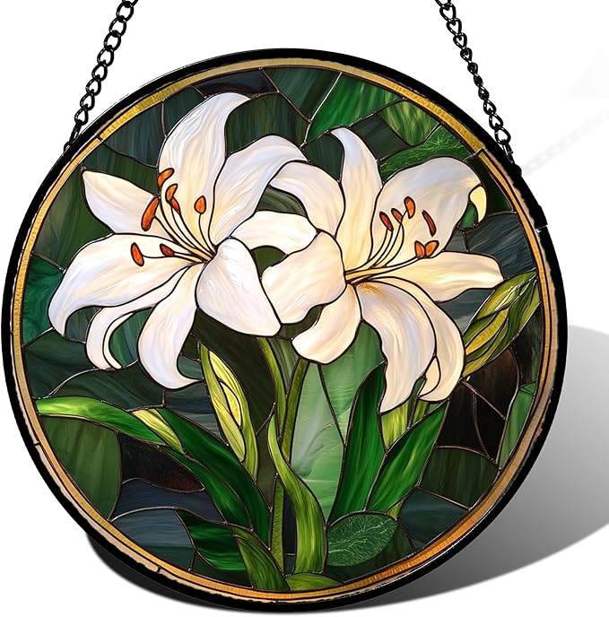 CRISGIF Stained Glass Window Hanging, White Lily Suncatcher for Door Garden Patio Birth Flower Green Plant Sun Catchers Decor Christmas Mother's Day Birthday Gifts for Women Mom Nana Friend 6.3 in