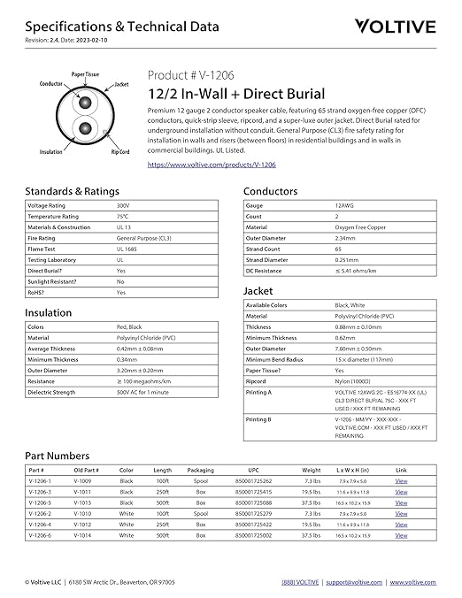 Voltive 12/2 Speaker Wire, in-Wall CL3 & Direct Burial, White, 250ft - 12AWG, 2 Conductors, Stranded Oxygen-Free Copper, UL Listed - V-1206-4
