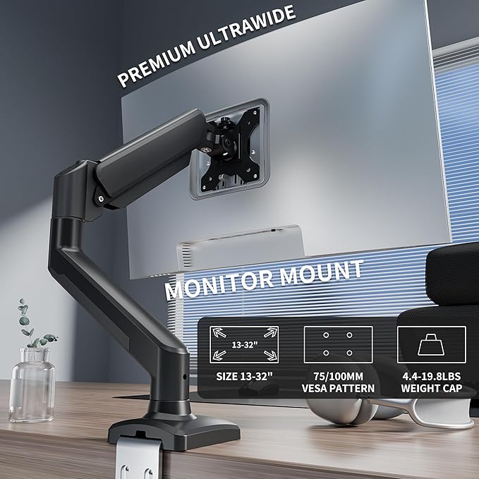 Single Monitor Arm Desk Mount，Gas Spring Monitors Arm for 17-32 inch Screens,Adjustable Computer Monitors Stand up to 4.4 to 19.8 lbs,Vesa Mount with Clamp and Grommet Base, VESA 75 & 100mm