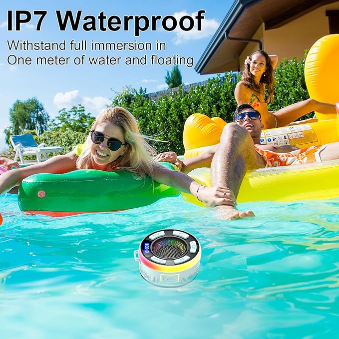 IPX7 Waterproof Shower Bluetooth Speaker, Portable Small Speaker with Suction Cup and Time Display, Loud Crystal Sound & Bass 10H Playtime 1100mAh, Wireless Shower Speakers for Pool, Beach Gift Cyan
