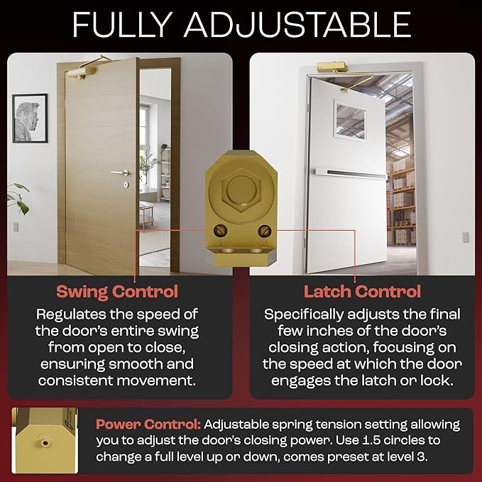 PrimeWare DC-600 Automatic Adjustable Door Closers for Home | Soft Close, No Slam | Residential and Commercial Door Closer | Level 1-6 | for Doors Weighing 30-300 lbs | Hydraulic Door Spring - Gold
