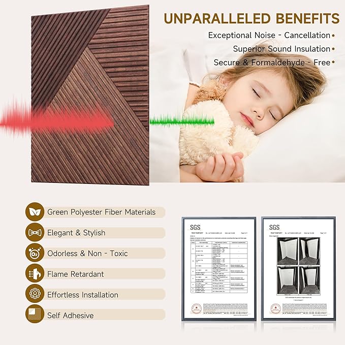 Autorific Acoustic Wall Panels,6 Pack Total Size 72 x 48 Inches,Self-Adhesive Decorative Acoustic Panels for Wall and ceiling,3D UV Printing with Wood Look,Red Sandalwood