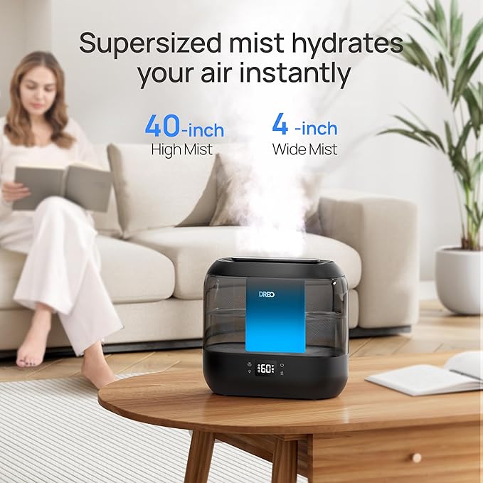 DREO Smart Humidifiers for Bedroom, Top Fill 4L Supersized Humidifier Large Room with 28 dB, 36H Runtime, Touch/APP/Voice Control, Nightlight, Cool Mist Humidifiers for Baby, Plants, Indoor, Black