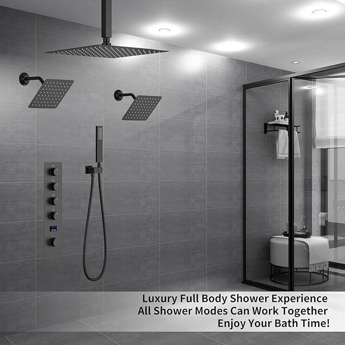 KATAIS Shower Faucet Set Matte Black Shower System with 12 inch Ceiling Mounted Shower Head and Dual 8 inch Wall Mounted Shower Head, Digital Display Shower Fixtures with Handheld Spray