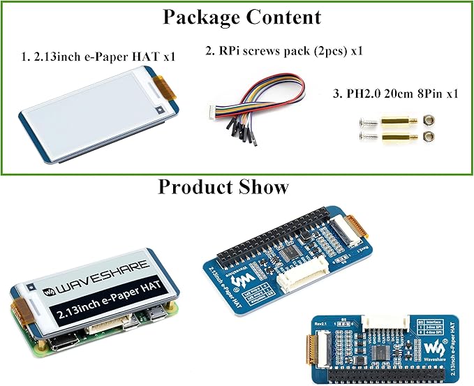 2.13inch E-Ink Display HAT V4 Version, Black/White Two-Color 250x122 Pixel E-Paper Module for Raspberry Pi 5/ 4B/3B+/3B/2B/A+/Zero W/WH/Zero 2 W/Jetson Nano SPI Interface, Support Partial Refresh