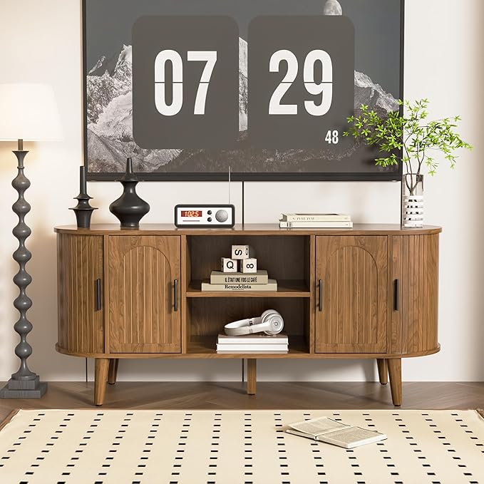 Mxtxmy 51" Fluted TV Stand, Mid-Century Modern Entertainment Center for Tvs up to 60" with Drawers and Fluted Doors, Curved TV Media Console Table with Sliding Doors for Living Room, Bedroom (51")