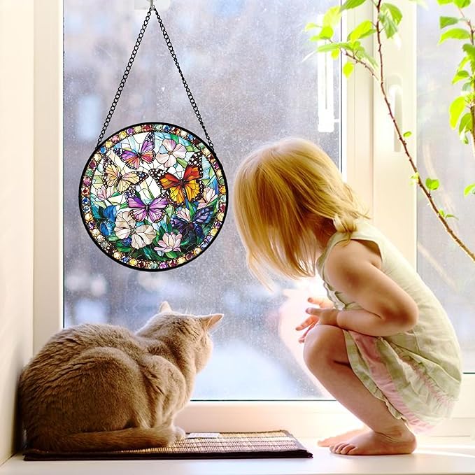 DASTOLL Stained Glass Window Hanging, Colorful Butterfly Suncatcher for Doors Home Sun Catchers Decoration and Christmas, Mother's Day Birthday Gifts for Women, Men, and Mom 6.3 in