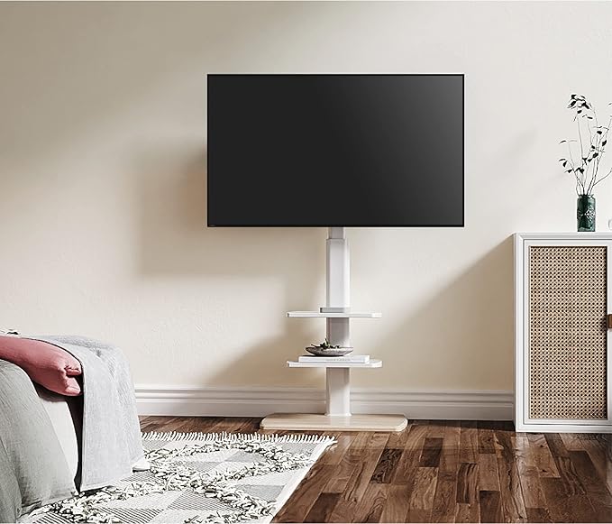 FITUEYES Floor TV Stand for 32 39 40 43 49 50 55 60 65 70 Inch TVs, Modern TV Stands with Shelf for Living Room Bedroom, Height Adjustable Corner TV Stand White