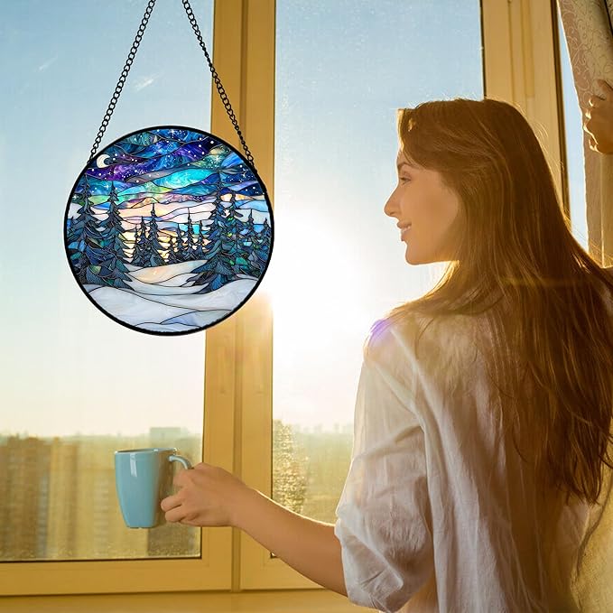 DASTOLL Stained Glass Window Hanging, Starry Sky Trees and Snow Sun Catchers Glass Panel Blue Suncatcher Decor for Birthday for Women, Men, Wife, Aunt, and Mom 9.8 in