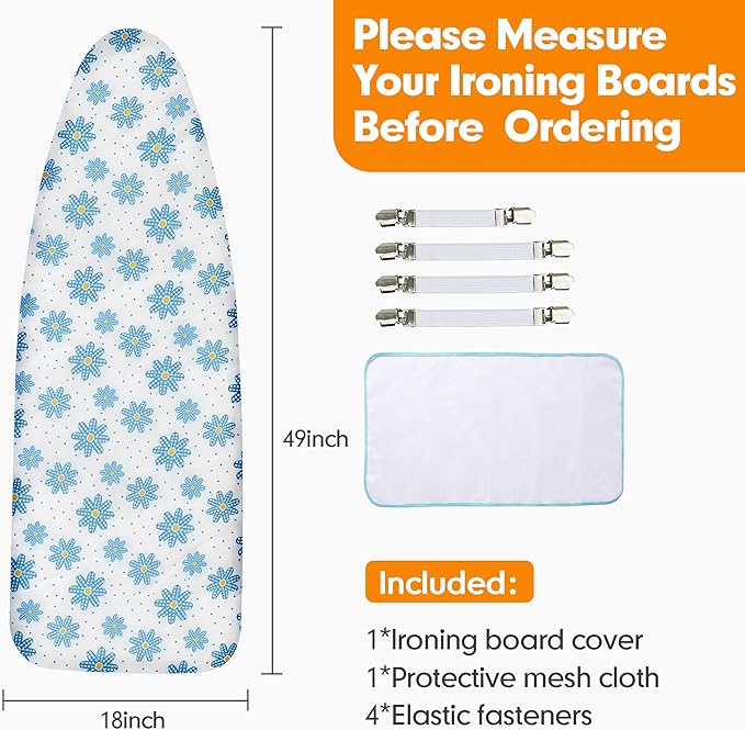 Ironing Board Cover and Pad, 18x49 Extra Wide Thick Iron Padding, Scorch & Stain Resistant Ironing board cover, Heavy Duty Iron Board Padded with Adjustable Fasteners Durable Elastic Edge, Daisy