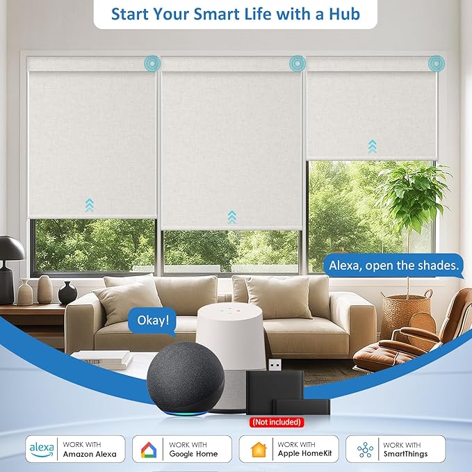 MANSNIX Smart Motorized Blinds with Remote, Cordless No-Drill Automatic Roller Shades, Blackout Electric Blind for Windows, Linen Stone, 34.5 x 72