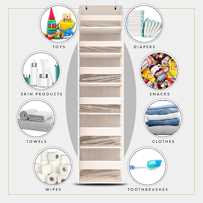 HOMELUX THEORY UPGRADED 6 Tiers Over The Door Organizer Hanging - 100D EXTRA THICK & 50lbs HUGE CAPACITY, 12 Side Mesh Pockets Over The Door Shoe Organizer, Hanging Closet Organizer (Ivory, 2pc)