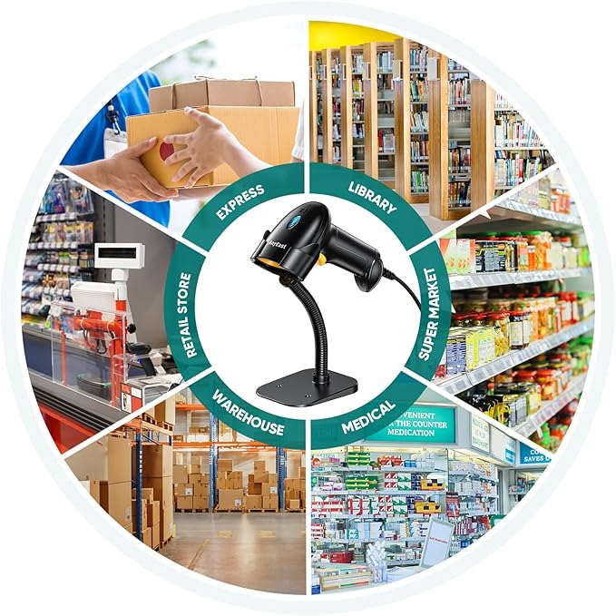 Anyeast Barcode Scanner with Stand: USB Wired Inventory 2D 1D QR Code Scanner,Compatible with Computer POS MAC with Automatic Scanning, Handheld Barcode Reader for Library Supermarket（Yellow）