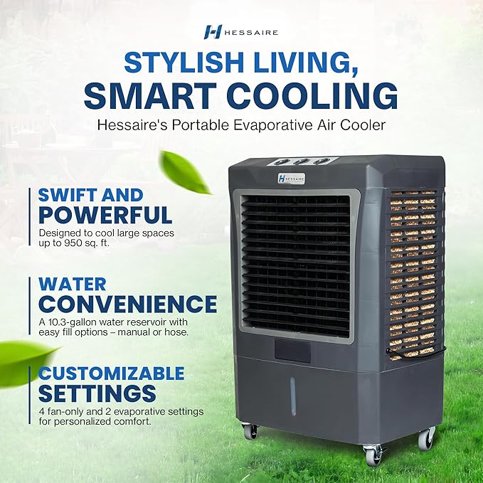 Hessaire MC37M Indoor or Outdoor Portable Oscillating Evaporative Swamp Air Cooler for 950 Square Feet of Space with Water Reservoir