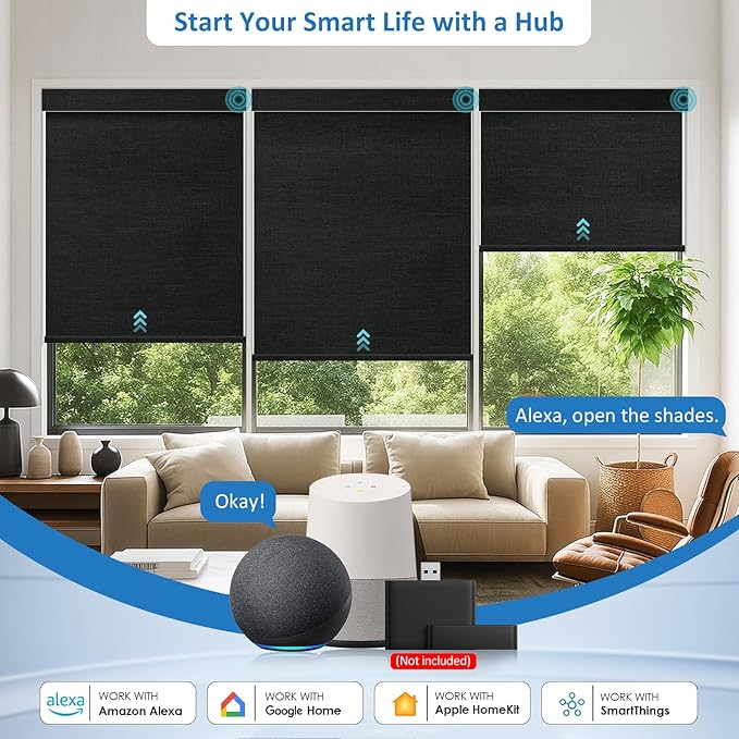 MANSNIX Smart Motorized Blinds with Remote, Cordless No-Drill Automatic Roller Shades, Blackout Electric Blind for Windows, Black, 34.5 x 72