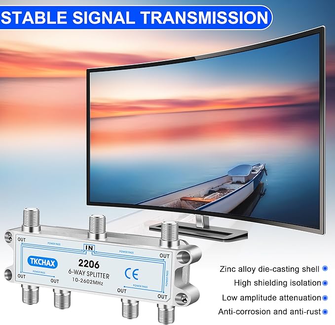 TKCHAX Coaxial Cable Splitter,Support 10-2602MHz,RG6 RG59 Coax Compatible,Work with MoCA2.5 and MoCA3.0, CATV, Satellite TV, Antenna, HDTV and High Speed Internet (6 Way Coaxial Cable Splitter)