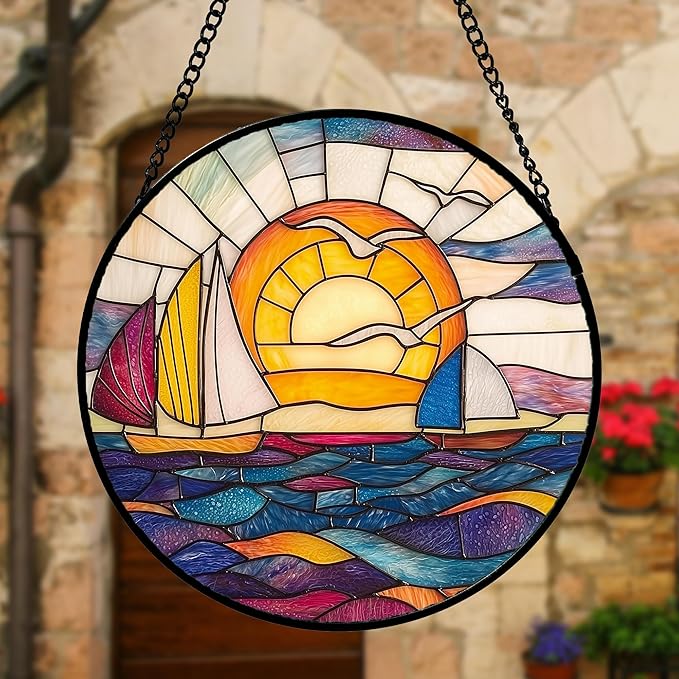 DASTOLL Stained Glass Window Hanging, Sailboat and Waves Suncatcher Diamond Glass Panel Hangings Sun Catchers Decor for Birthday for Women, Men, Wife, Aunt, and Mom 7.8 in