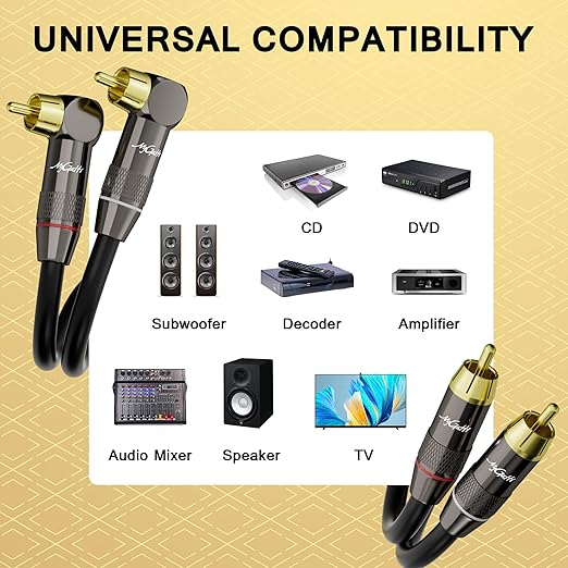 RCA Cable 3 FT, 90 Degree Right Angle 2RCA to 2RCA Stereo Audio Cable, Zinc Alloy Shell, Gold-Plated Plug, 2 RCA Audio Cord, for Home Theater, Subwoofer, HDTV, Amplifier, Hi-Fi System, Car, Speaker