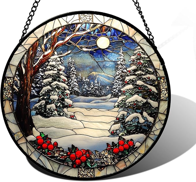 DASTOLL Stained Glass Window Hanging Christmas Tree Winter Snow Night Scenery 9.8" - Suncatcher Door Garden Kitchen Sun Catcher Home Decor Birthday for Mom Men Woman Friend