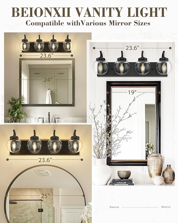 Beionxii 4-Light Bathroom Light Fixtures, Black Bathroom Vanity Light with Clear Glass Shade, Modern Vanity Lighting Fixtures Over Mirror Living Room Hallway, BX-VL03MB-4CG