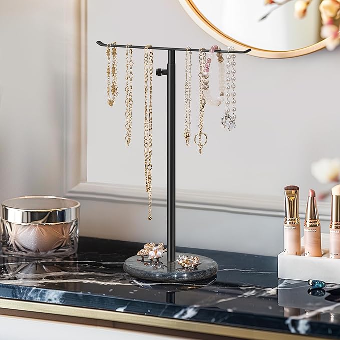Josmimic Black Necklace Holder Jewelry Organizer Stand – Adjustable Height T‑Bar Jewelry Display with Dark Gray Marble Base, Necklace & Bracelet Holder, Countertop Jewelry Rack