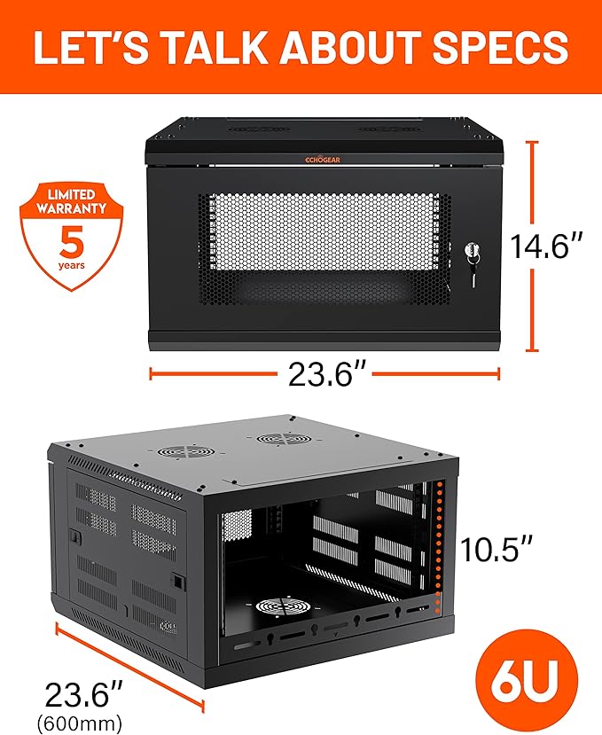 ECHOGEAR 6U Network Rack - Enclosed Wall Mount Rack Kit Includes 2X 1U Shelves, Pre-Mounted Fan, Lockable Door & Hardware - 600mm Depth Fits All Your AV Gear