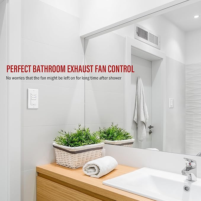 ENERLITES 4-Hour Countdown Timer Switch, 5-10-30-60 Min, 2-4 Hour, for Bathroom Fans, Lights, 120VAC Neutral Wire Required, UL Listed, HET06-W-2PCS, White, 2 Pack