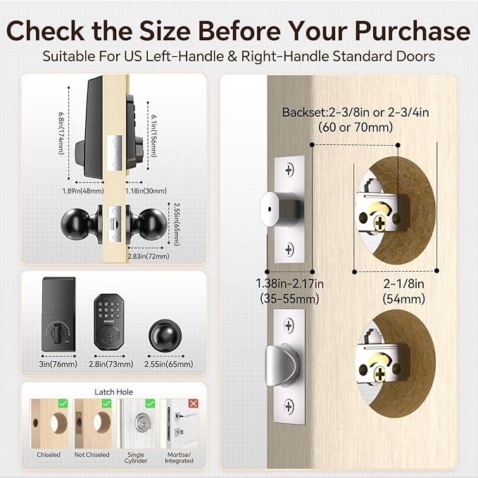 VCHOO Keyless Entry Door Lock Set WiFi Smart App Control Door Lock for Front Door Keypad Deadbolt with 2 Knobs Auto Lock One Time Codes Easy Install, Black