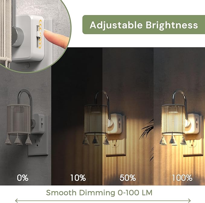 L LOHAS LED Night Lights Plug into Wall, 2 Pack Boho Fabric Cylinder Night Light with Tassel, 0-100LM Dimmable Night Lights, Dusk to Dawn Sensor, Vintage Nightlight for Bedroom, Living Room, Hallway