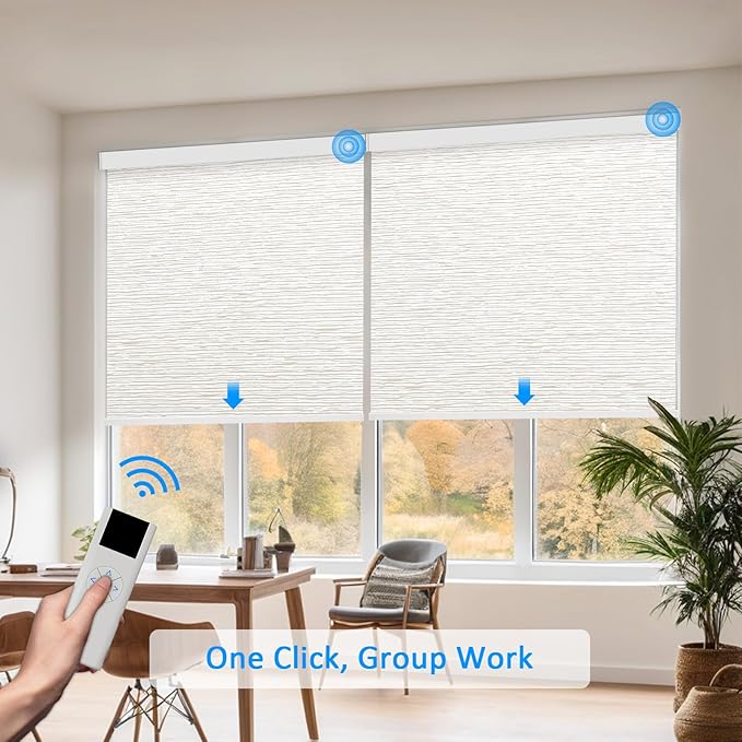COOLWINDS Motorized Blinds with Remote Cordless Automatic Motorized Shades Custom Blinds for Windows Smart Curtains Compatible with Alexa Google Home(Light Filtering Jacquard Beige,W64 x H72in)
