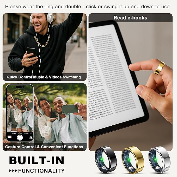 Smart Ring for Women Men, Fashion Minimalist Fitness Ring & Sleep Tracker Ring with Heart Rate, Blood Pressure, Waterproof Health Rings, Valentine's Day Gifts for Women, No Subscription (Size 8, Gold)