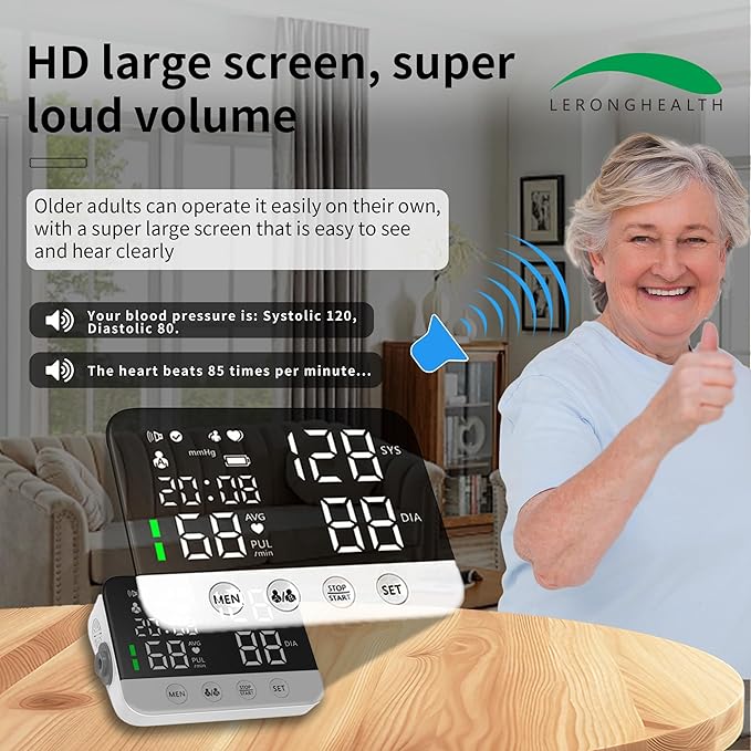 LERONGHEALTH Digital Upper Arm Blood Pressure Monitor for Home Use, Rechargeable, Large LED Display, Systolic Diastolic Pulse Reading, Voice Broadcast, 240 Memory Storage for 2 Users，FDA Cleared