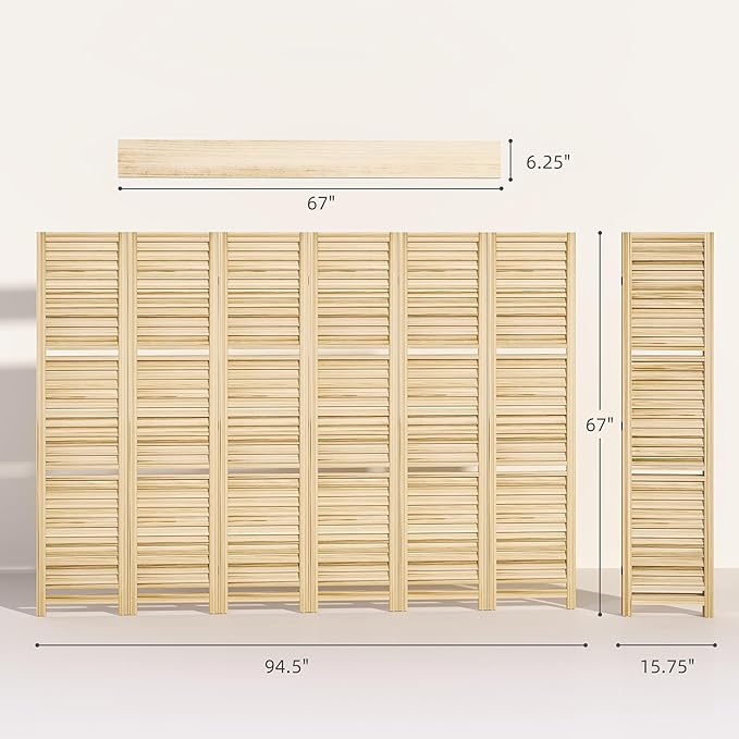 HOMCOM Room Divider, 6 Panel 67" Tall Wood Privacy Screen with 3 Display Shelves, and Folding Storage for Bedroom or Home Office, Natural Wood