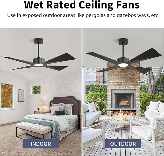 WINGBO 54" Wet Rated Outdoor Ceiling Fan with Lights, 4 ABS Plastic Blades, Reversible DC Motor, 6-Speed Remote Control, 3 CCT, Waterproof Ceiling Fan for Patio Porch Gazebo Garage, Matte Black