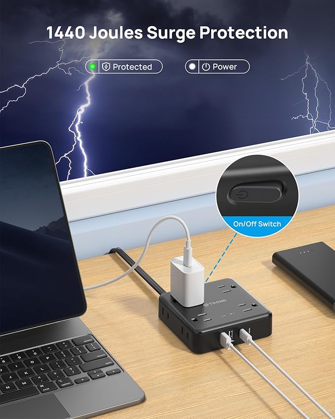 TROND 360° Rotating Flat Plug Power Strip, 5FT Flat Extension Cord with Multiple Outlets 4 USB (2 USB C), Wall Mount Surge Protector 1440 Joules for Home Office Travel Dorm Room Essentials, Black